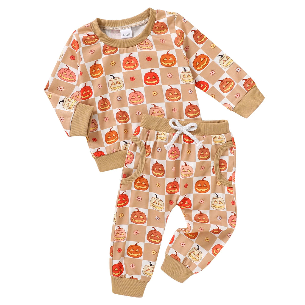 Baby Halloween Clothes Outfits Toddler Boy Girl Cute Pumpkin Crew Neck Long Sleeve Sweatshirt Tops Pants Set for 18-24 Months