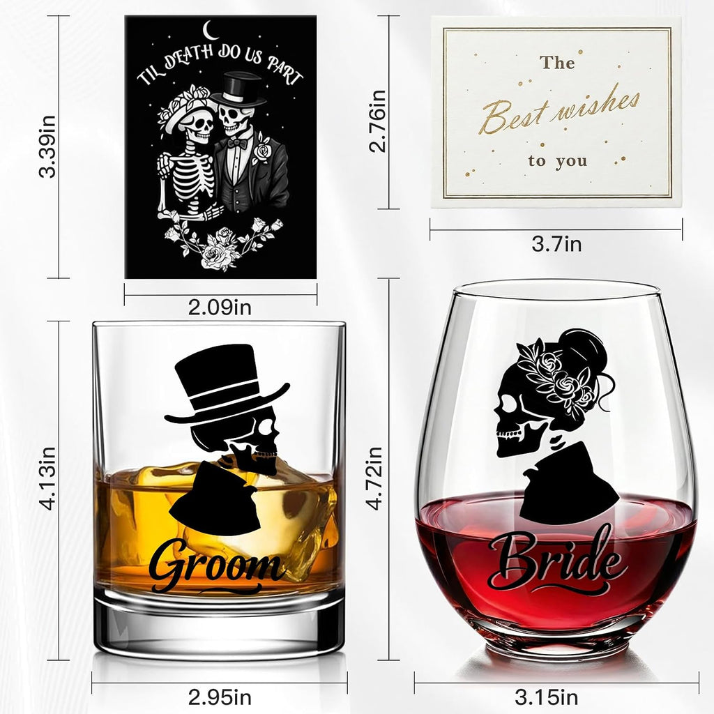 Skull Bride & Groom Wine Glass for Couples – Till Death Do Us Part Romantic Present for Him and Her – Gothic Wedding Anniversary Engagement Gifts Set – Unique Gothic Wedding Decoration