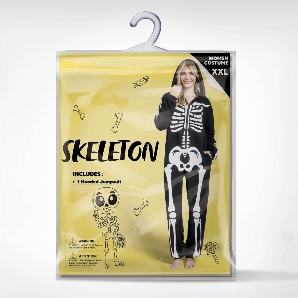 Adult Skeleton Costume for Women, Hooded Zipper Pajama Jumpsuit with Bones Print for Halloween Cosplay Party Themed Dress up and Role Play