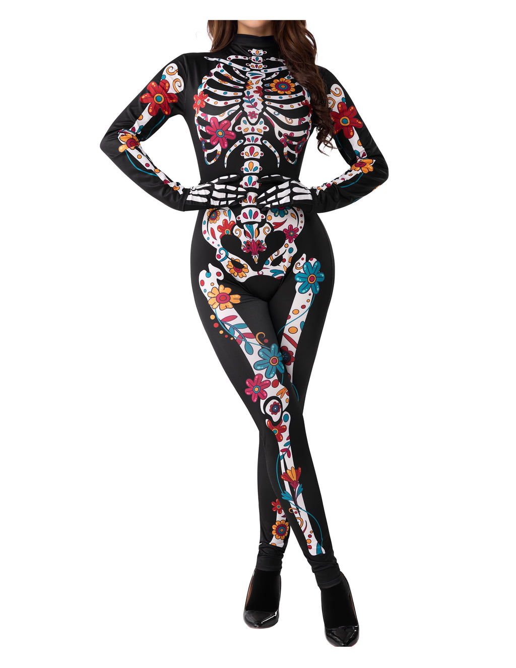 Floral Skeleton Costume for Womens, Skeleton Bone Bodysuit Halloween Costumes for Adult Halloween Party Fancy Dress-Up
