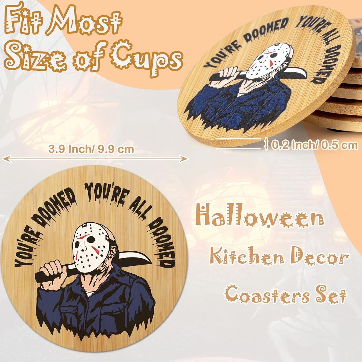 6Pcs Horror Movie Character Spooky Coasters Gift Set with Holder - Horror Movie Accessories Bar Coaster for Party Decor, Unique Halloween round Coasters for Halloween Coffee Table Spooky Kitchen Decor