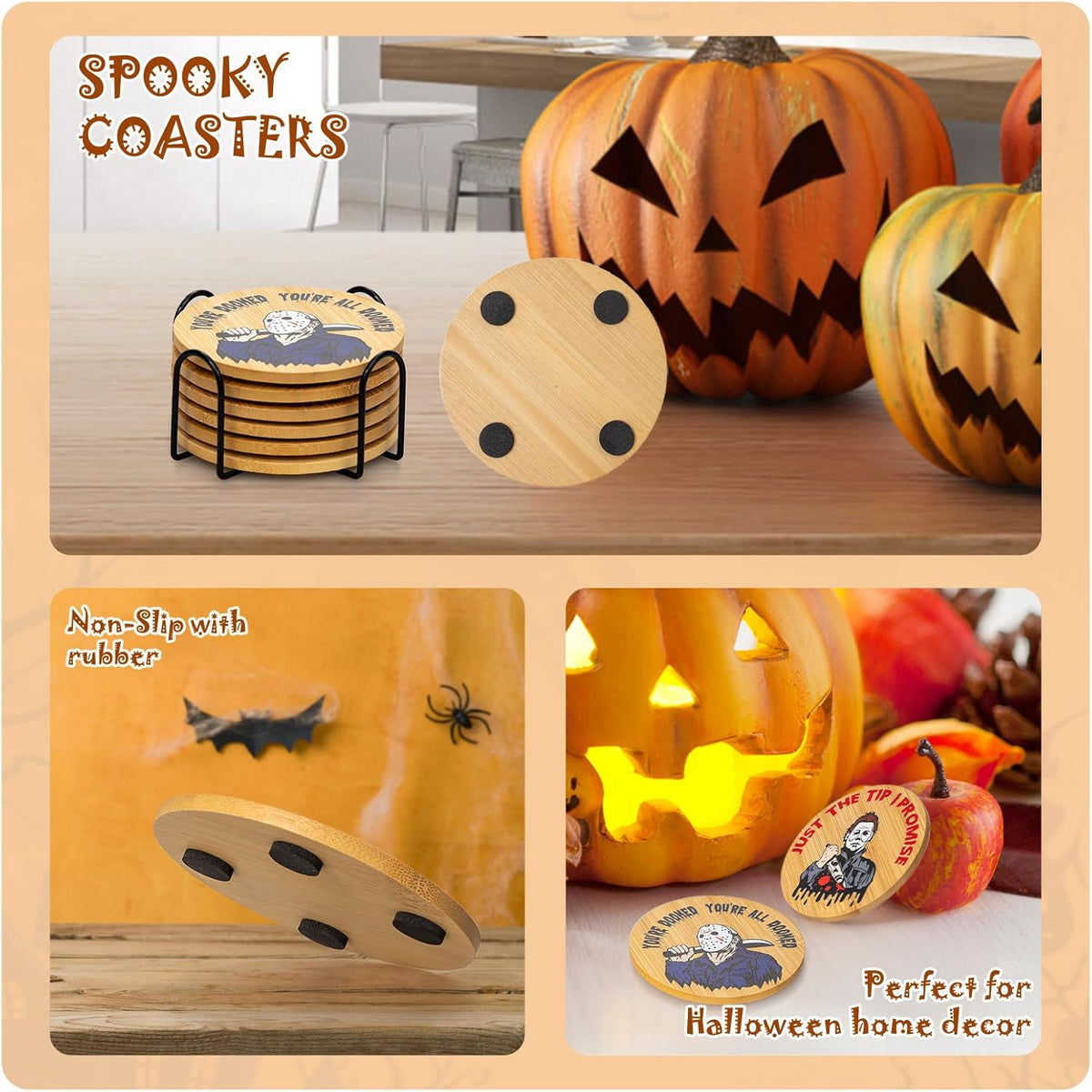 6Pcs Horror Movie Character Spooky Coasters Gift Set with Holder - Horror Movie Accessories Bar Coaster for Party Decor, Unique Halloween round Coasters for Halloween Coffee Table Spooky Kitchen Decor