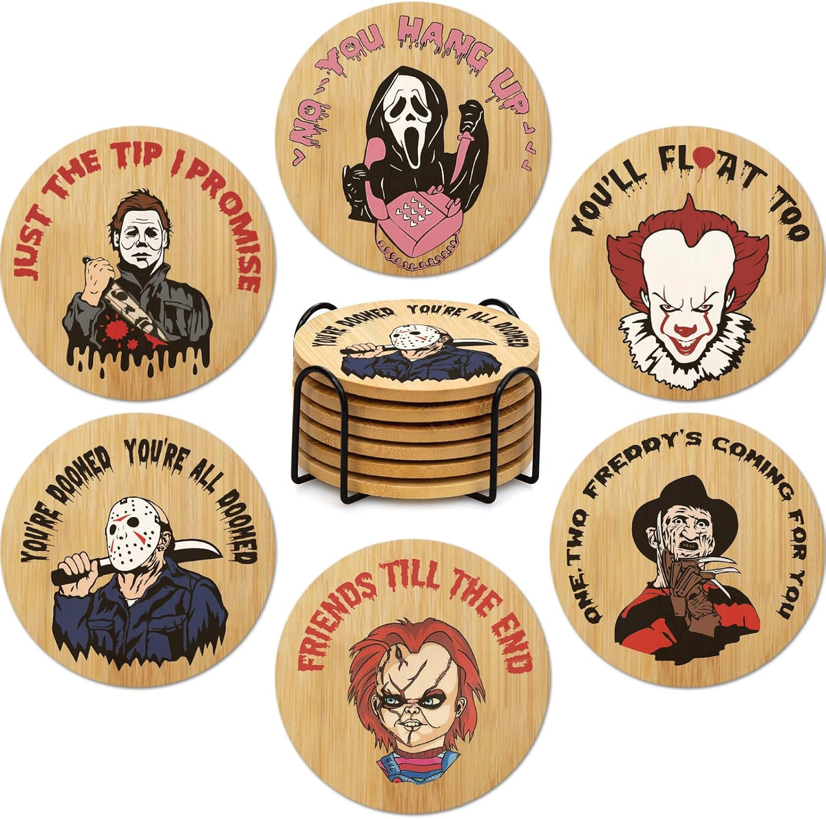 6Pcs Horror Movie Character Spooky Coasters Gift Set with Holder - Horror Movie Accessories Bar Coaster for Party Decor, Unique Halloween round Coasters for Halloween Coffee Table Spooky Kitchen Decor