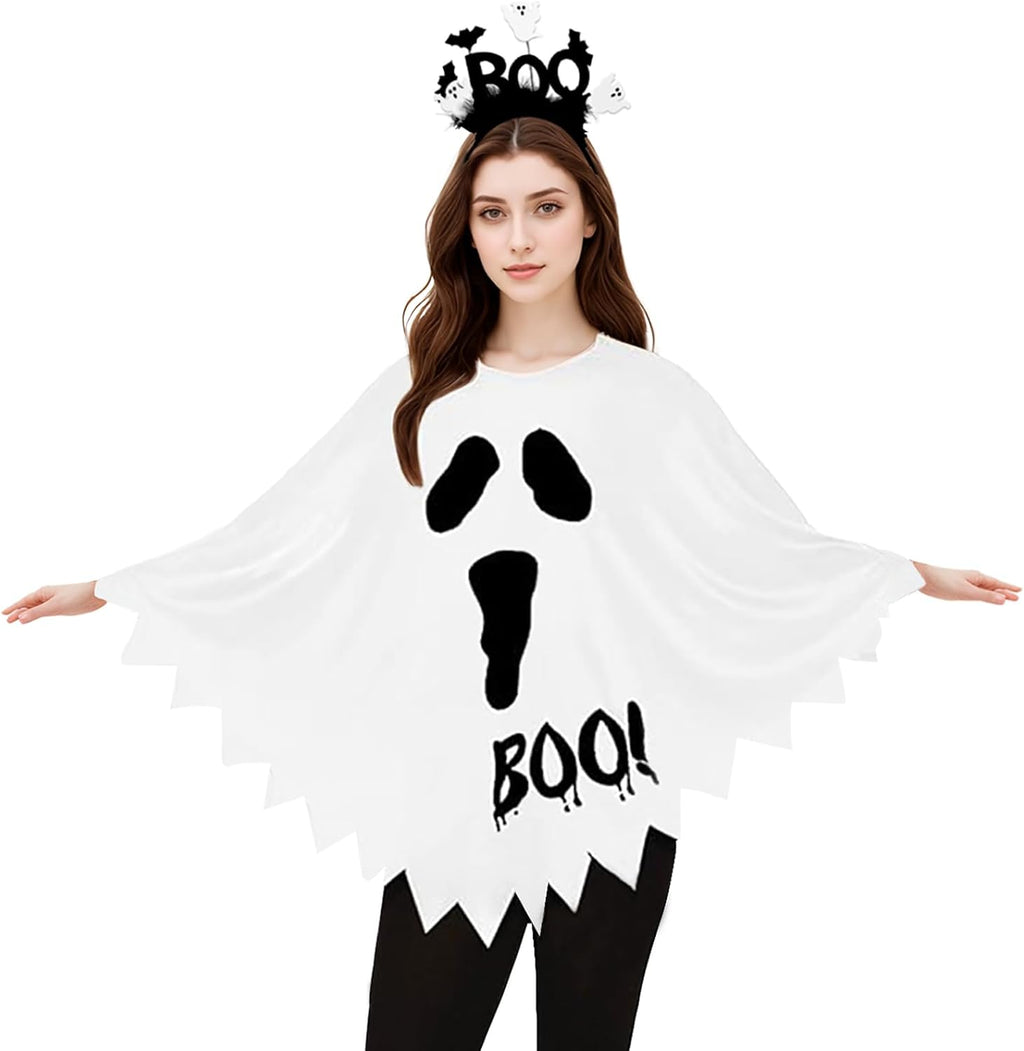 2Pcs Halloween Costumes Woman Pumpkin Ghost Skeleton Halloween Poncho for Women with Headband
