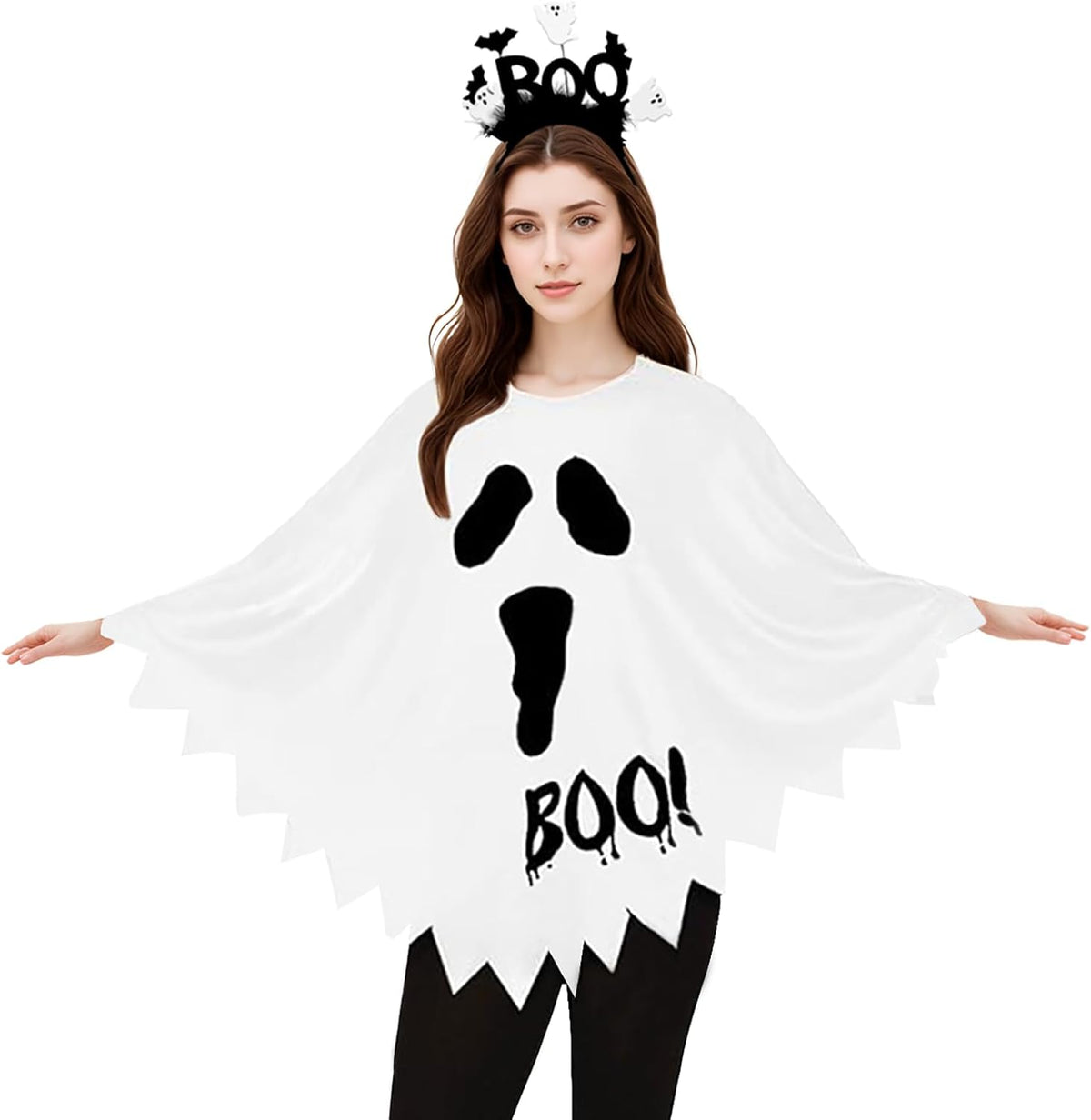 2Pcs Halloween Costumes Woman Pumpkin Ghost Skeleton Halloween Poncho for Women with Headband