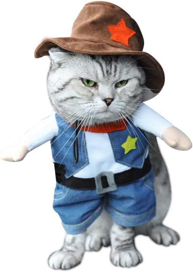Cowboy Costume with Hat for Cat and Small Dog - Halloween Clothes (Large) Blue