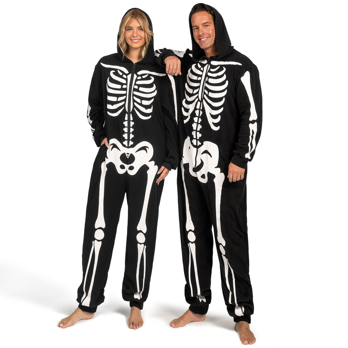 Adult Skeleton Costume for Women, Hooded Zipper Pajama Jumpsuit with Bones Print for Halloween Cosplay Party Themed Dress up and Role Play