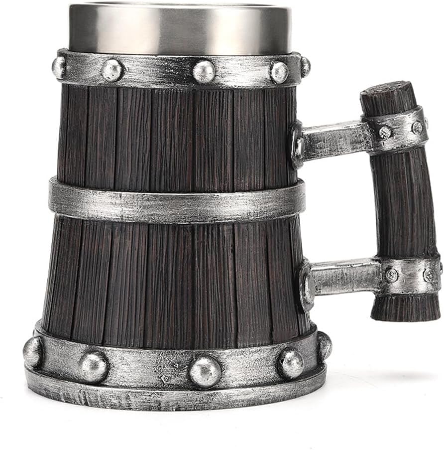Nordic Viking Mug, Pirate Beer Cup,Wooden Barrel Beer Mug Stainless Steel Liner, Medieval Drinkware Wine Goblet,Vintage Bar Decor for Home Accessories Gifts for Halloween/Christmas/Birthday