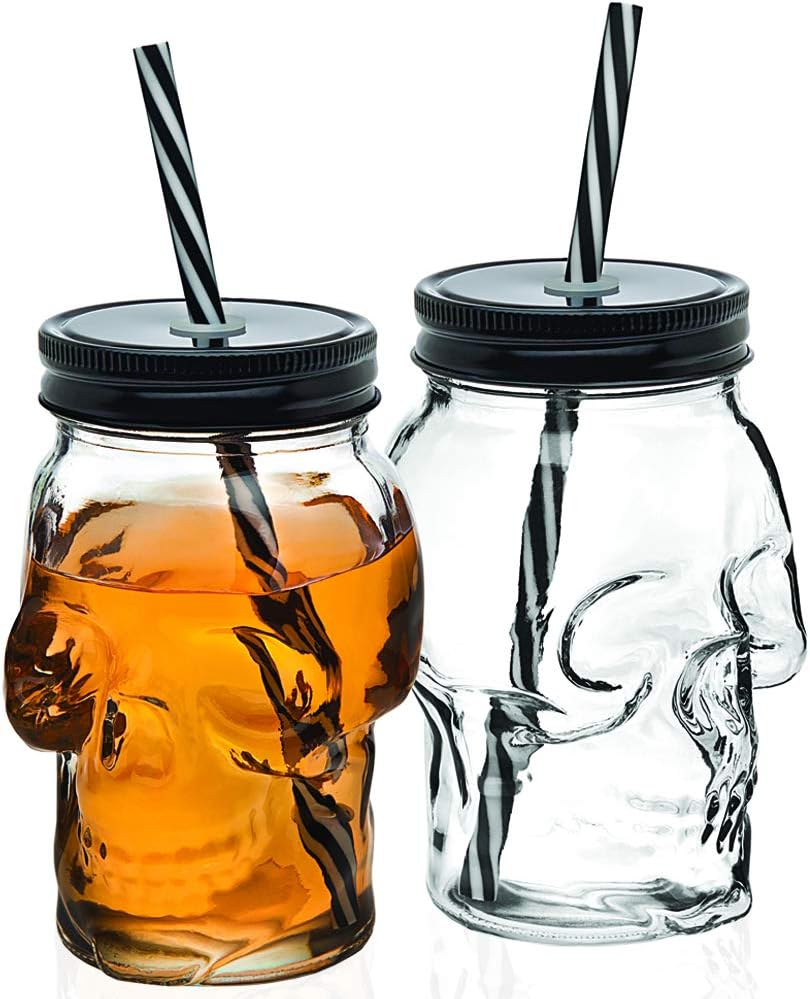 Skull Mason Jar Mug Tumbler Glass Cups with Cover and Straw, Halloween Decor, Drinking Glasses - 16Oz - Set of 2