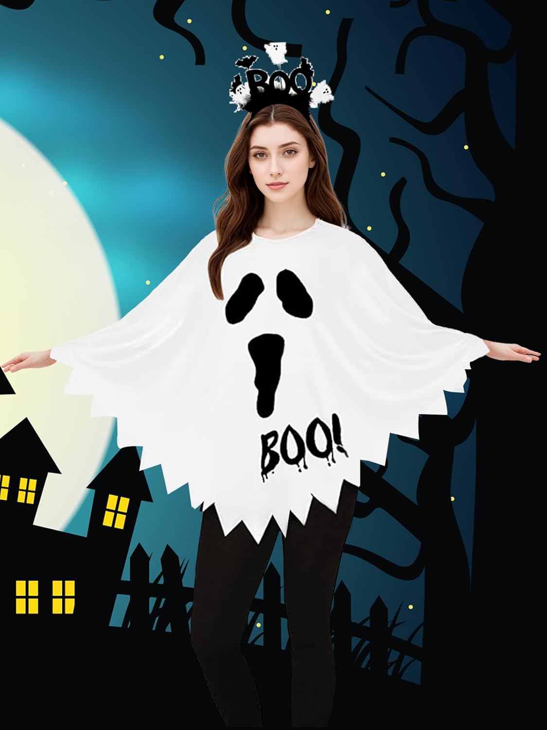 2Pcs Halloween Costumes Woman Pumpkin Ghost Skeleton Halloween Poncho for Women with Headband