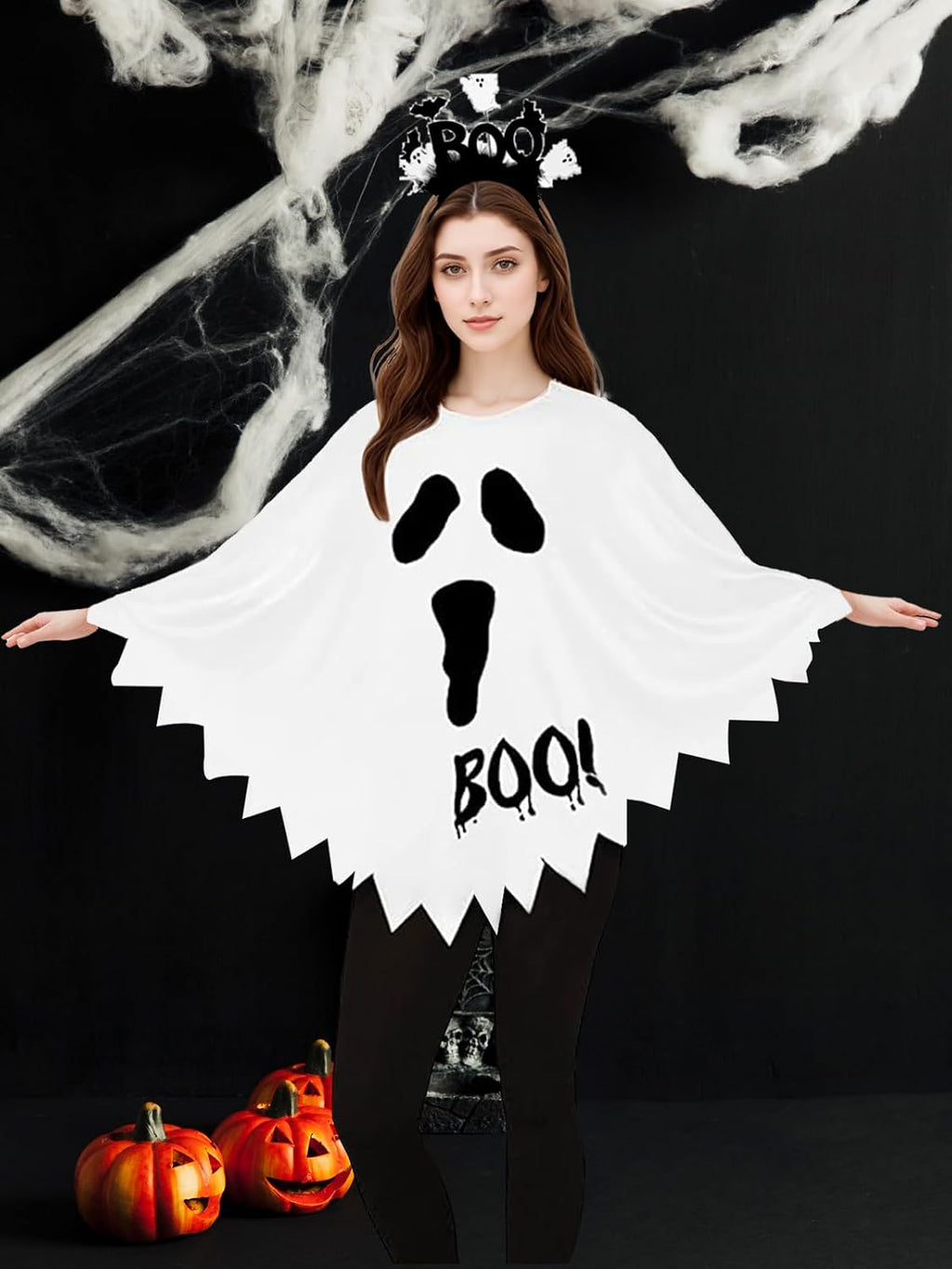 2Pcs Halloween Costumes Woman Pumpkin Ghost Skeleton Halloween Poncho for Women with Headband