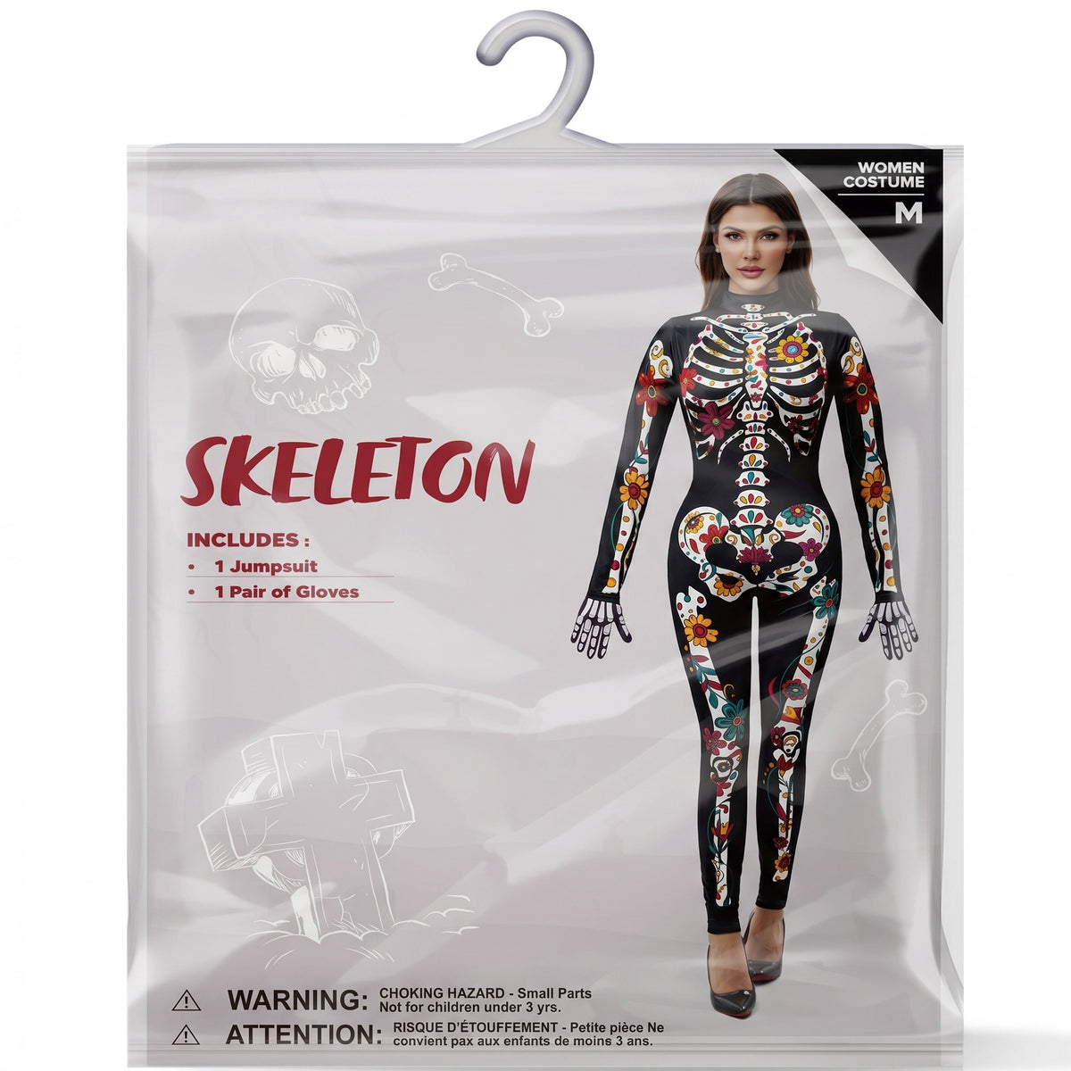 Floral Skeleton Costume for Womens, Skeleton Bone Bodysuit Halloween Costumes for Adult Halloween Party Fancy Dress-Up