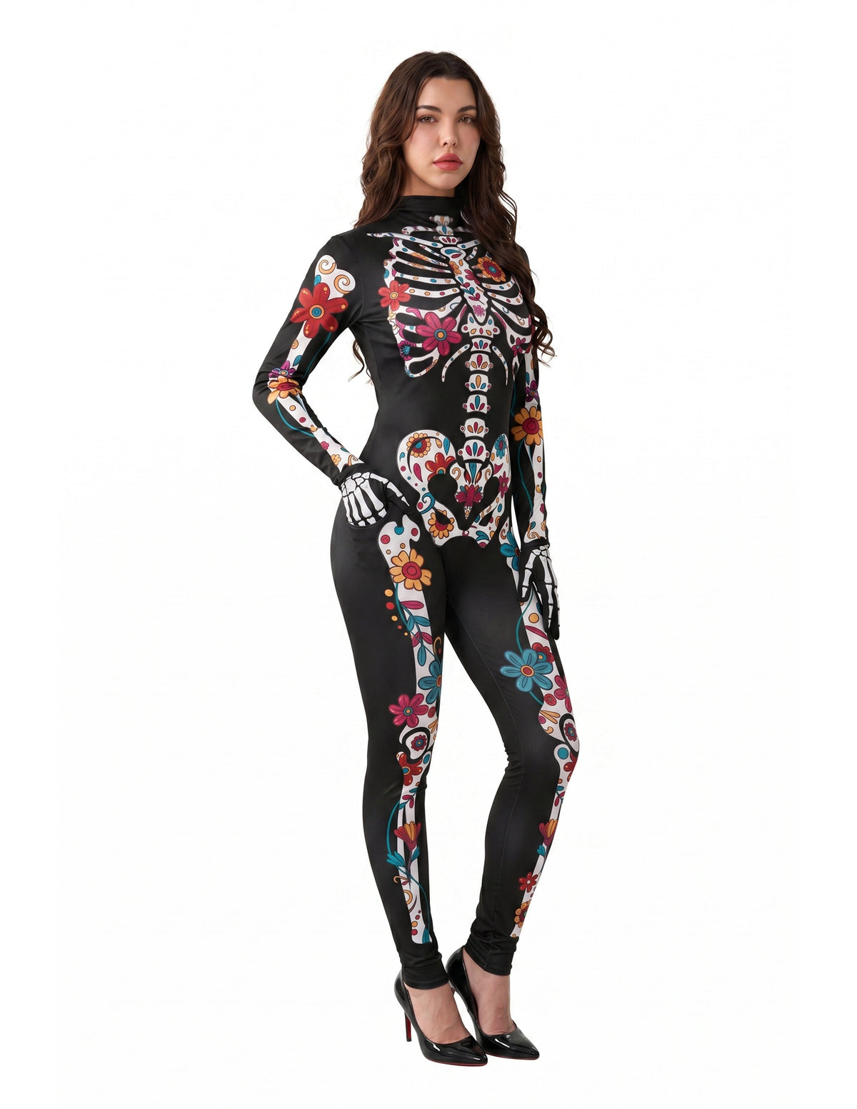 Floral Skeleton Costume for Womens, Skeleton Bone Bodysuit Halloween Costumes for Adult Halloween Party Fancy Dress-Up