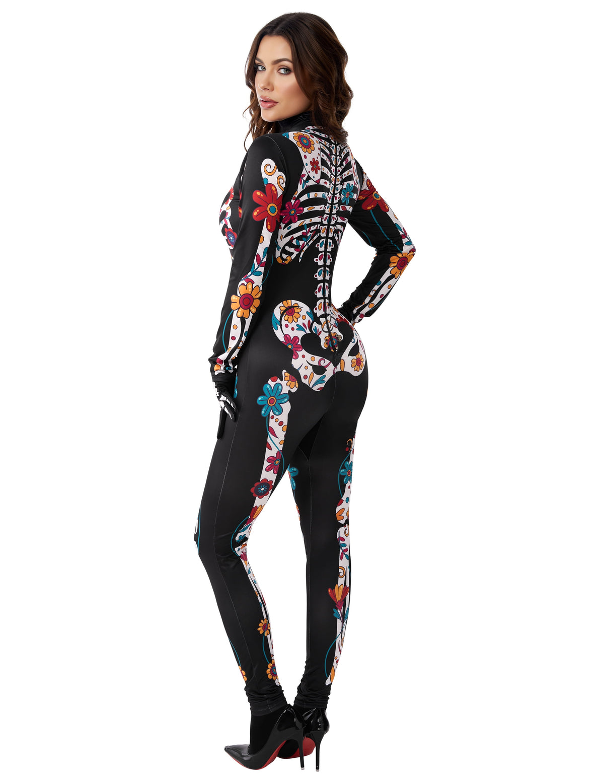 Floral Skeleton Costume for Womens, Skeleton Bone Bodysuit Halloween Costumes for Adult Halloween Party Fancy Dress-Up