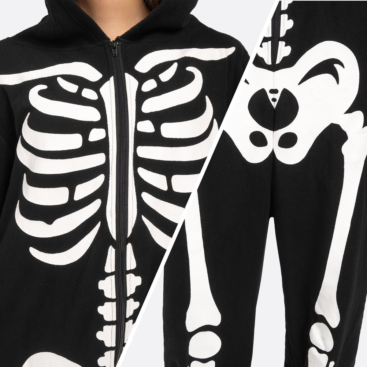 Adult Skeleton Costume for Women, Hooded Zipper Pajama Jumpsuit with Bones Print for Halloween Cosplay Party Themed Dress up and Role Play