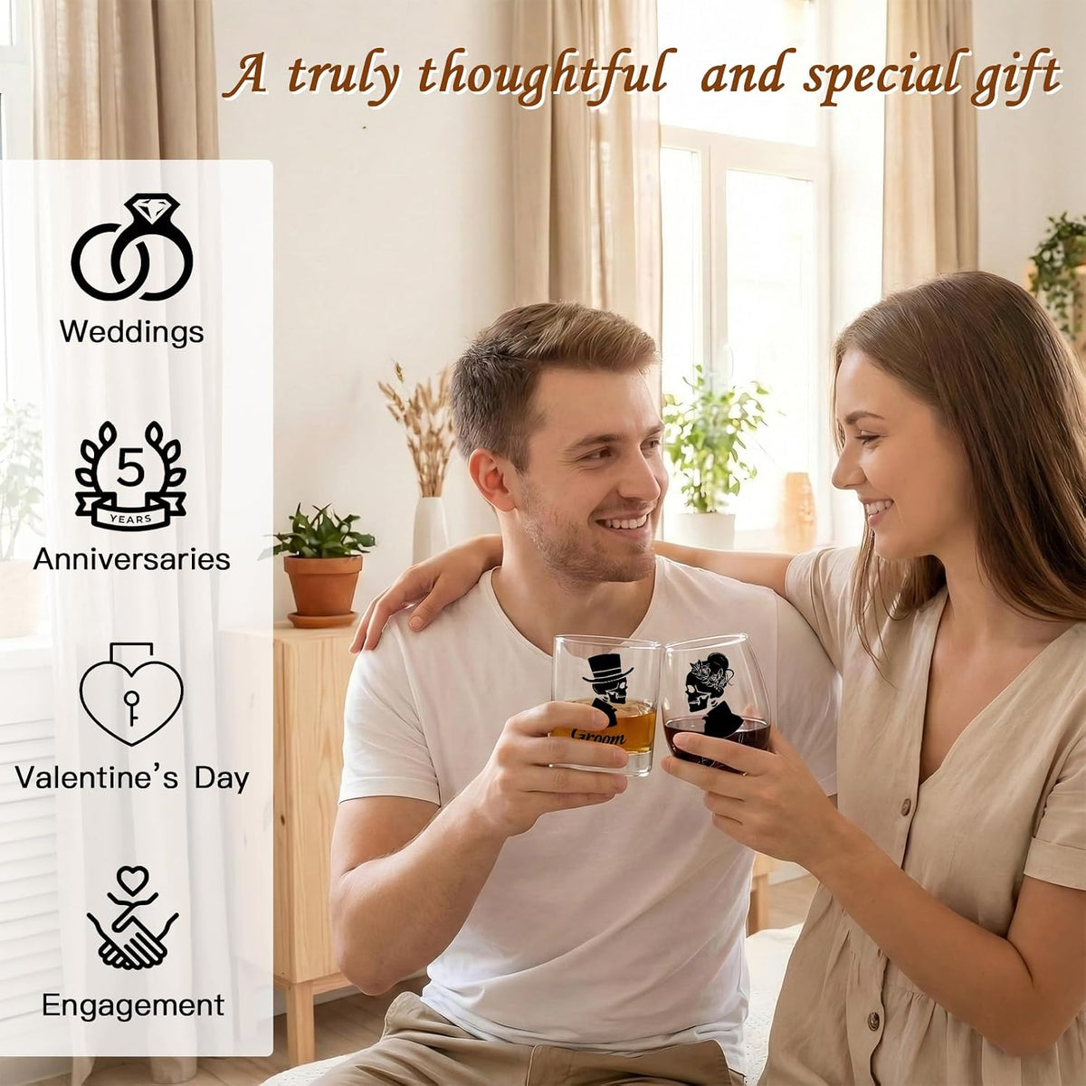 Skull Bride & Groom Wine Glass for Couples – Till Death Do Us Part Romantic Present for Him and Her – Gothic Wedding Anniversary Engagement Gifts Set – Unique Gothic Wedding Decoration
