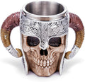 Stainless Steel Double Handle Horn Skull Beer Cup, Viking Warrior Skull Mug Tankard, Medieval Drinkware Mug for Coffee/Beverage/Juice 17Oz.