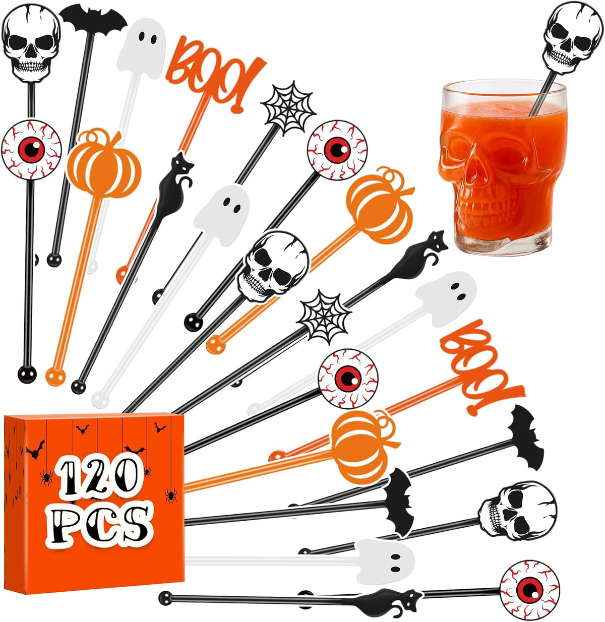 120 Pcs Halloween Swizzle Sticks Skulls Pumpkins Ghosts Plastic