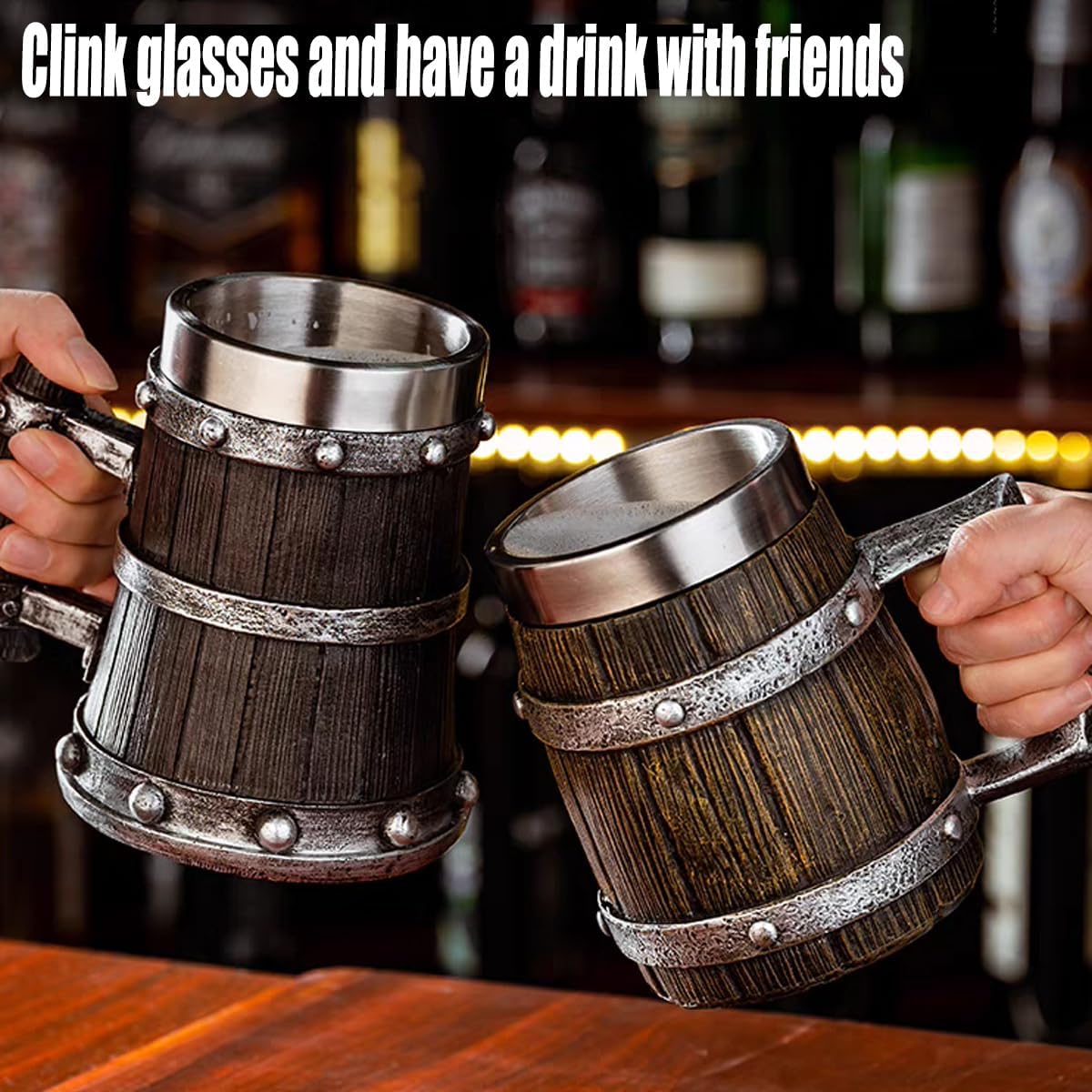 Nordic Viking Mug, Pirate Beer Cup,Wooden Barrel Beer Mug Stainless Steel Liner, Medieval Drinkware Wine Goblet,Vintage Bar Decor for Home Accessories Gifts for Halloween/Christmas/Birthday