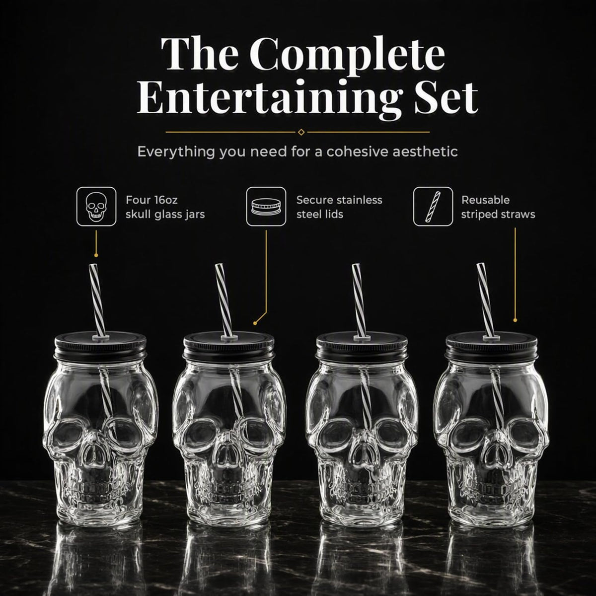 Skull Mason Jar Mug Glass Tumbler Cup with Cover and Straw - 16Oz, Set of 4