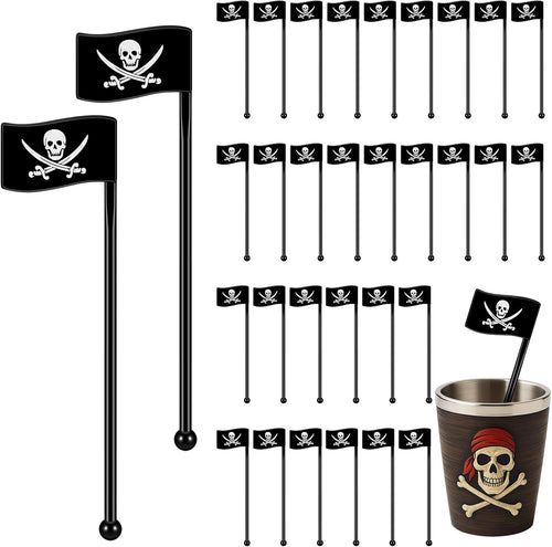 30 Pcs Halloween Pirate Drink Stirrer 6 Inch Reusable Pirate Flags Cocktail Stirrer for Bar Halloween Party Mixing Drinks Coffee Beverage Birthday Decorations