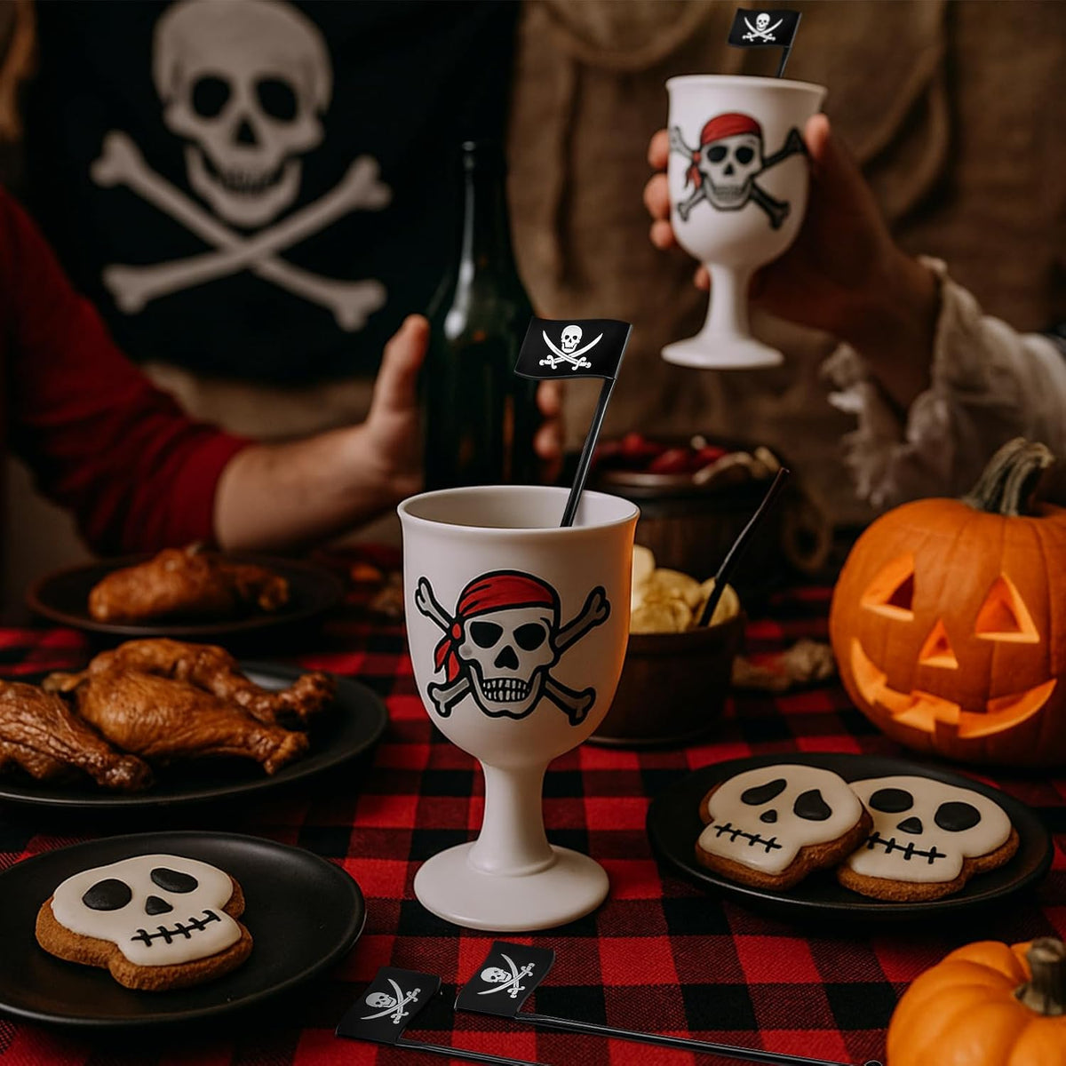 30 Pcs Halloween Pirate Drink Stirrer 6 Inch Reusable Pirate Flags Cocktail Stirrer for Bar Halloween Party Mixing Drinks Coffee Beverage Birthday Decorations