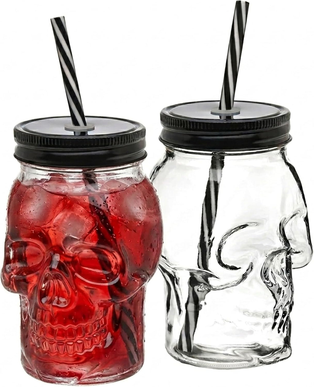 Skull Mason Jar Mug Tumbler Glass Cups with Cover and Straw, Halloween Decor, Drinking Glasses - 16Oz - Set of 2