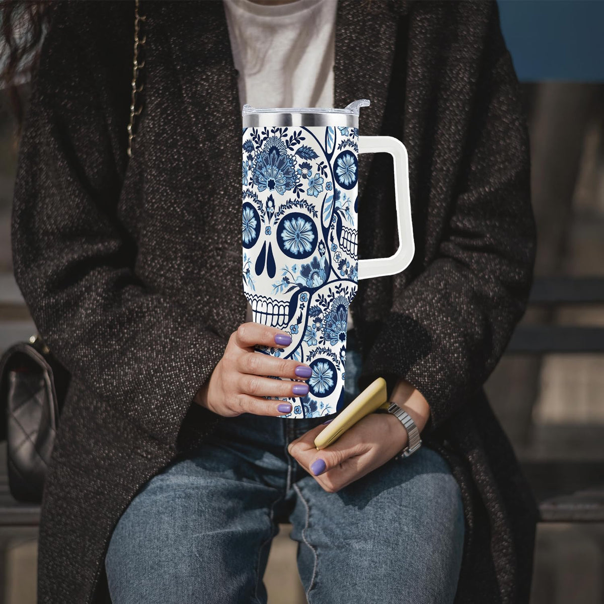 Goth Gifts Goth Tumbler Halloween Tumbler 40 Oz Sugar Skull Gifts Cup for Women Men Spooky Skeleton Travel Mug with Handle Lid and Straw