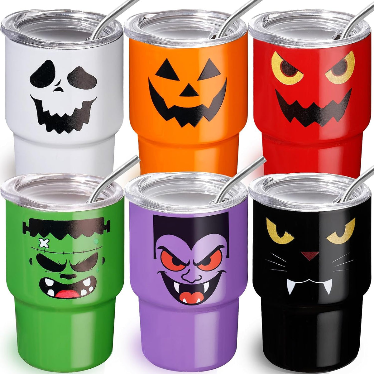 6 Pack 3 Oz Halloween Shot Glasses Mini Tumblers with Straw and Lid