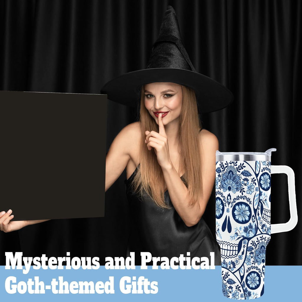 Goth Gifts Goth Tumbler Halloween Tumbler 40 Oz Sugar Skull Gifts Cup for Women Men Spooky Skeleton Travel Mug with Handle Lid and Straw