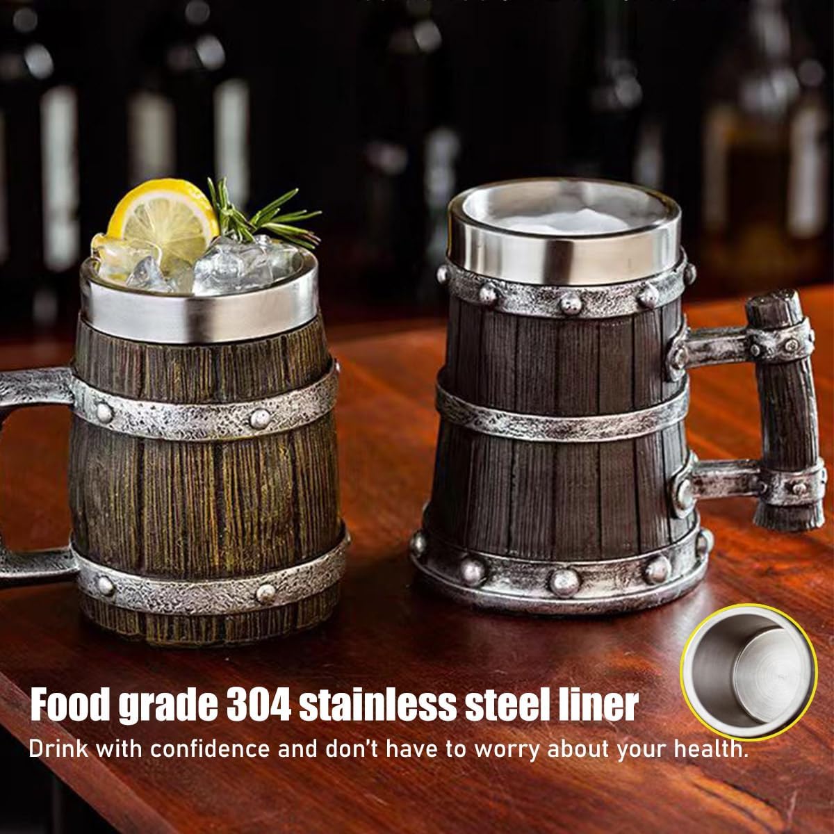 Nordic Viking Mug, Pirate Beer Cup,Wooden Barrel Beer Mug Stainless Steel Liner, Medieval Drinkware Wine Goblet,Vintage Bar Decor for Home Accessories Gifts for Halloween/Christmas/Birthday