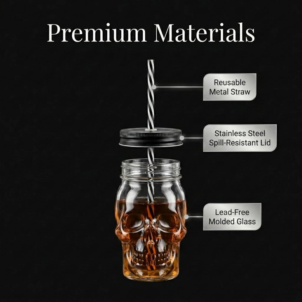 Skull Mason Jar Mug Tumbler Glass Cups with Cover and Straw, Halloween Decor, Drinking Glasses - 16Oz - Set of 2