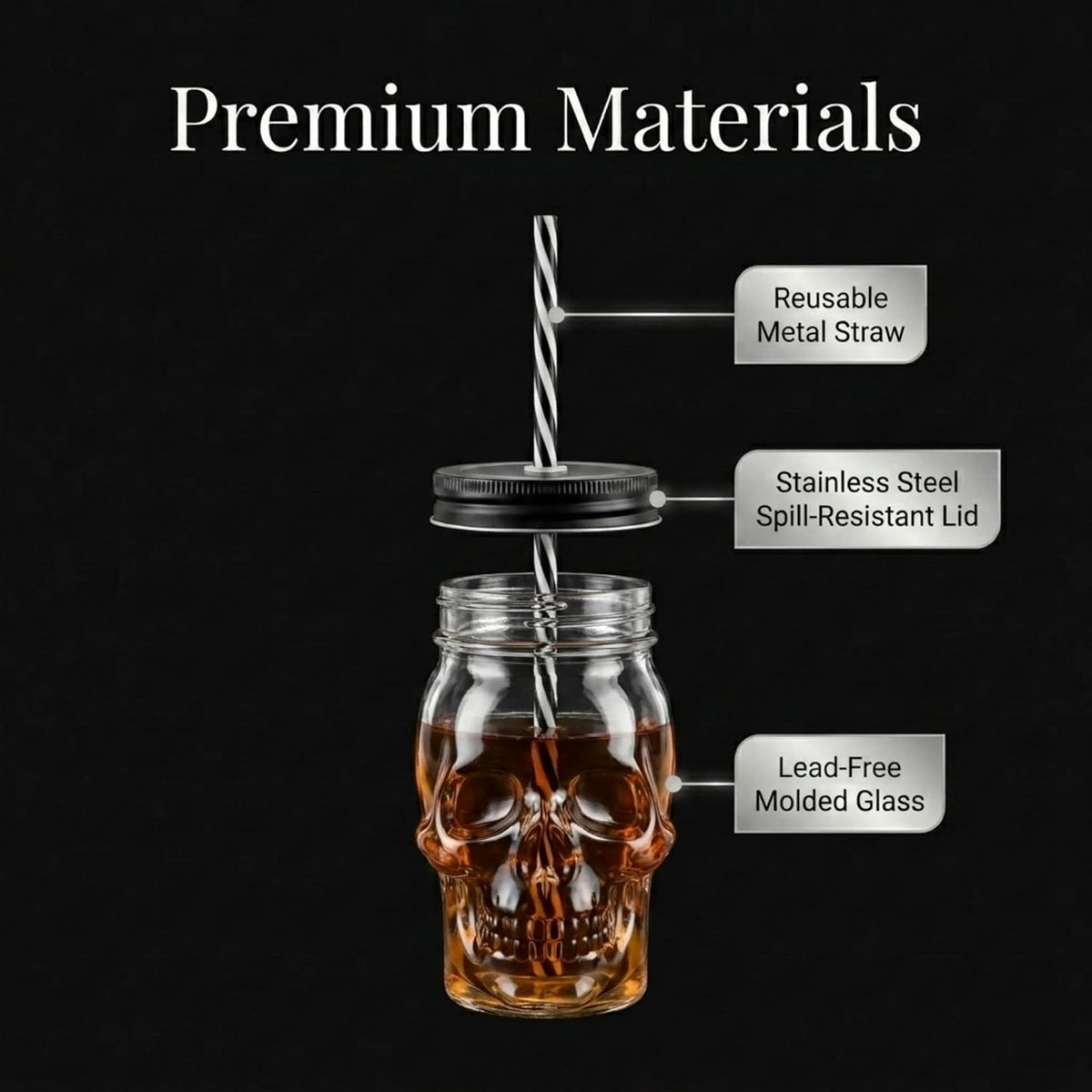 Skull Mason Jar Mug Tumbler Glass Cups with Cover and Straw, Halloween Decor, Drinking Glasses - 16Oz - Set of 2