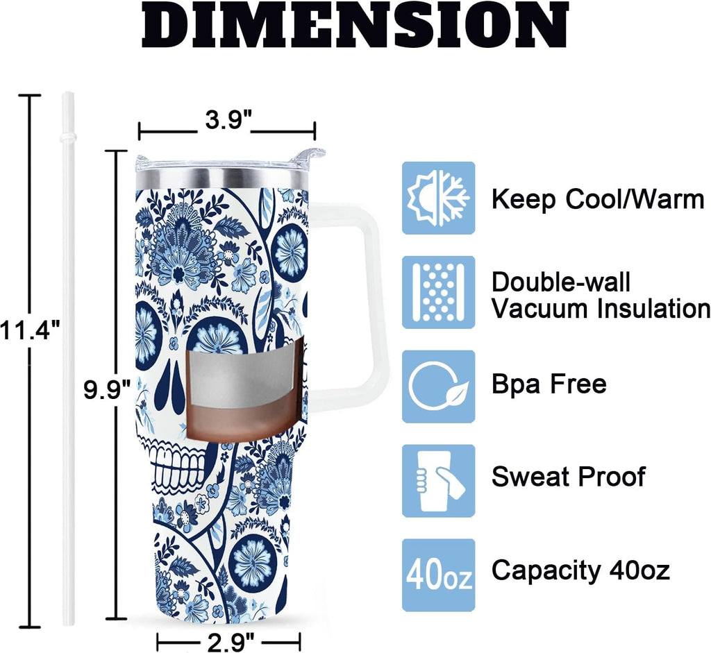 Goth Gifts Goth Tumbler Halloween Tumbler 40 Oz Sugar Skull Gifts Cup for Women Men Spooky Skeleton Travel Mug with Handle Lid and Straw
