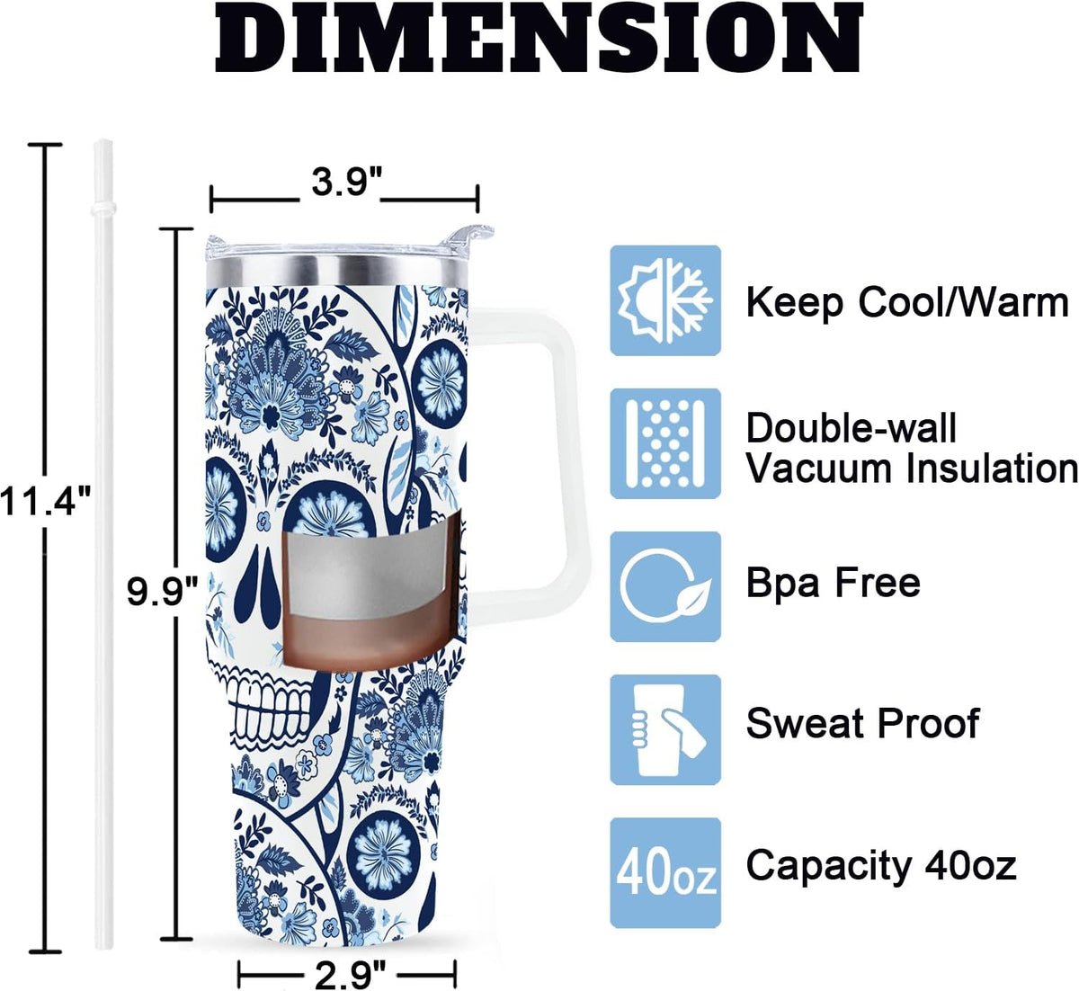 Goth Gifts Goth Tumbler Halloween Tumbler 40 Oz Sugar Skull Gifts Cup for Women Men Spooky Skeleton Travel Mug with Handle Lid and Straw