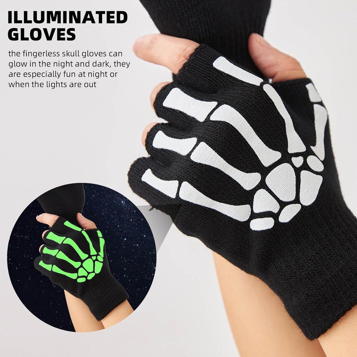 Skeleton Gloves Glow in the Dark Fingerless Halloween Costume Gloves