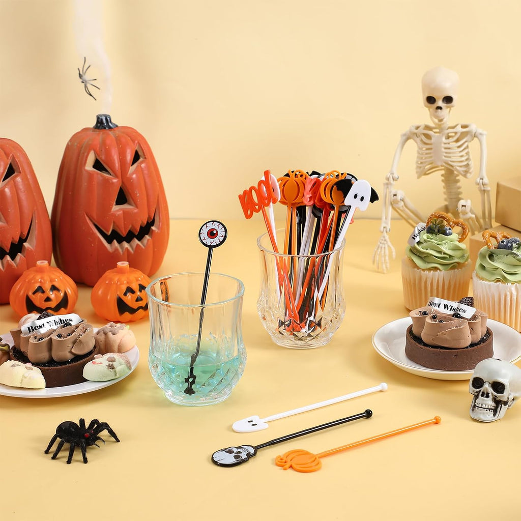 120 Pcs Halloween Swizzle Sticks Skulls Pumpkins Ghosts Plastic