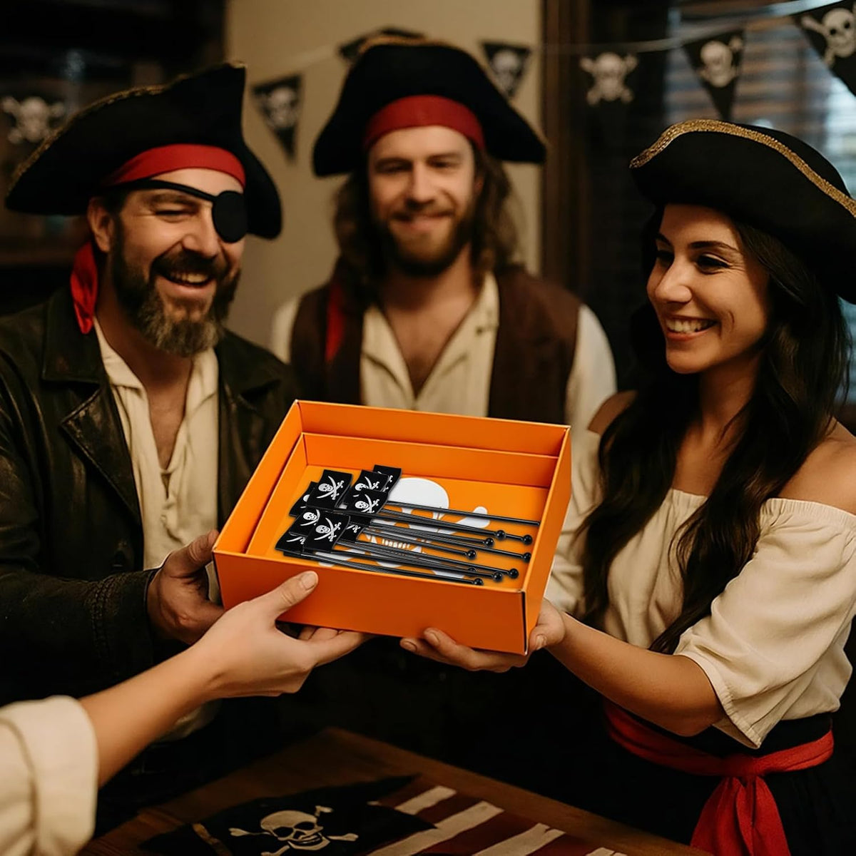 30 Pcs Halloween Pirate Drink Stirrer 6 Inch Reusable Pirate Flags Cocktail Stirrer for Bar Halloween Party Mixing Drinks Coffee Beverage Birthday Decorations