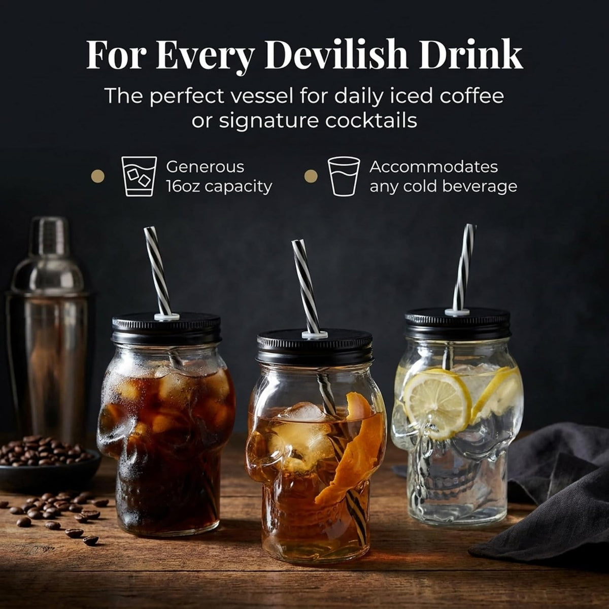 Skull Mason Jar Mug Glass Tumbler Cup with Cover and Straw - 16Oz, Set of 4