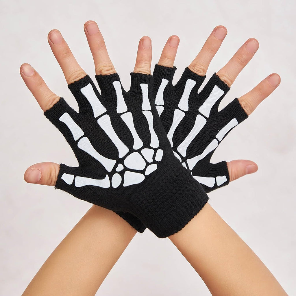 Skeleton Gloves Glow in the Dark Fingerless Halloween Costume Gloves