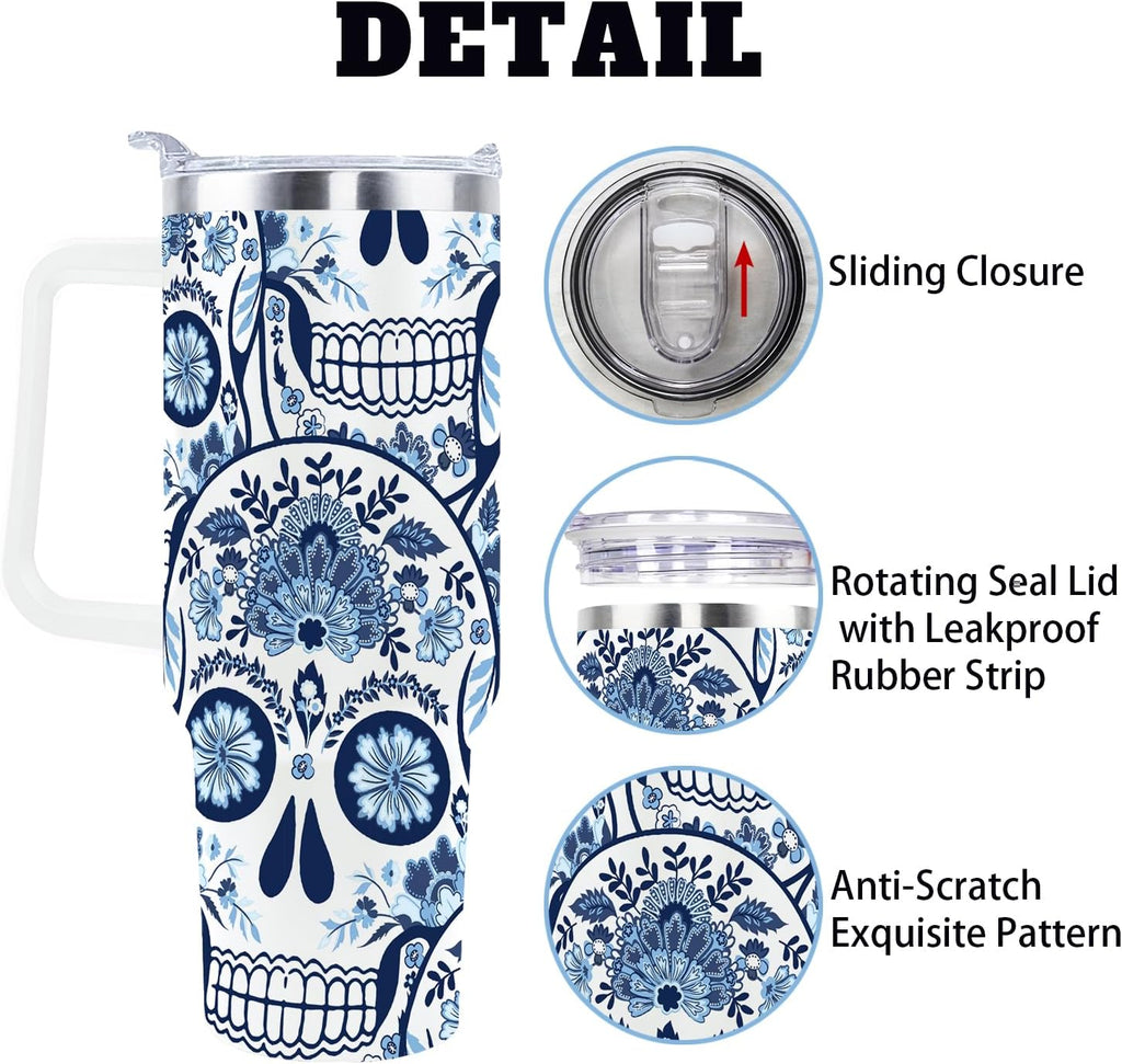 Goth Gifts Goth Tumbler Halloween Tumbler 40 Oz Sugar Skull Gifts Cup for Women Men Spooky Skeleton Travel Mug with Handle Lid and Straw