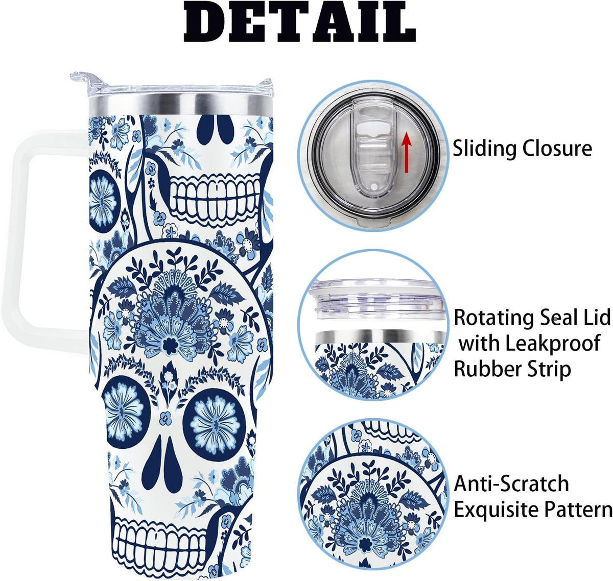 Goth Gifts Goth Tumbler Halloween Tumbler 40 Oz Sugar Skull Gifts Cup for Women Men Spooky Skeleton Travel Mug with Handle Lid and Straw