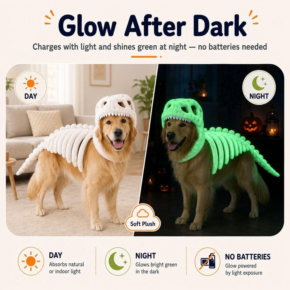 Dog Dinosaur Costume, Glow in the Dark Dinosaur Halloween Costume for Dogs 35Inch