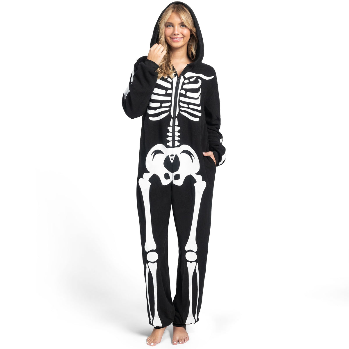 Adult Skeleton Costume for Women, Hooded Zipper Pajama Jumpsuit with Bones Print for Halloween Cosplay Party Themed Dress up and Role Play