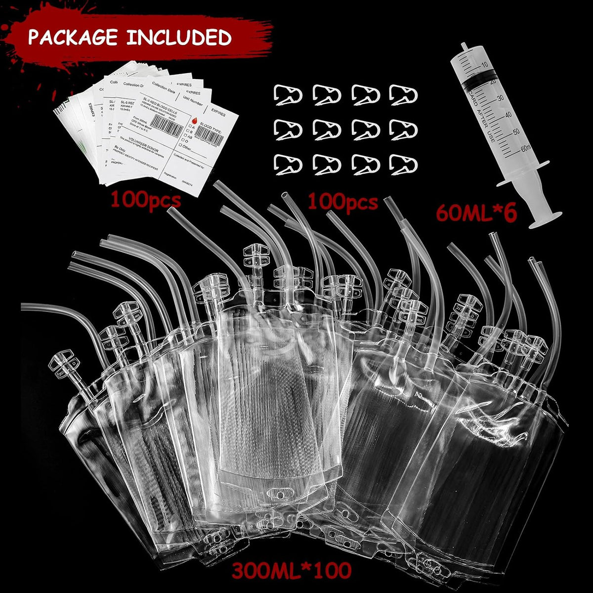 100 Pack Halloween Blood Bags for Drinks, Blood IV Bags Reusable Pouches
