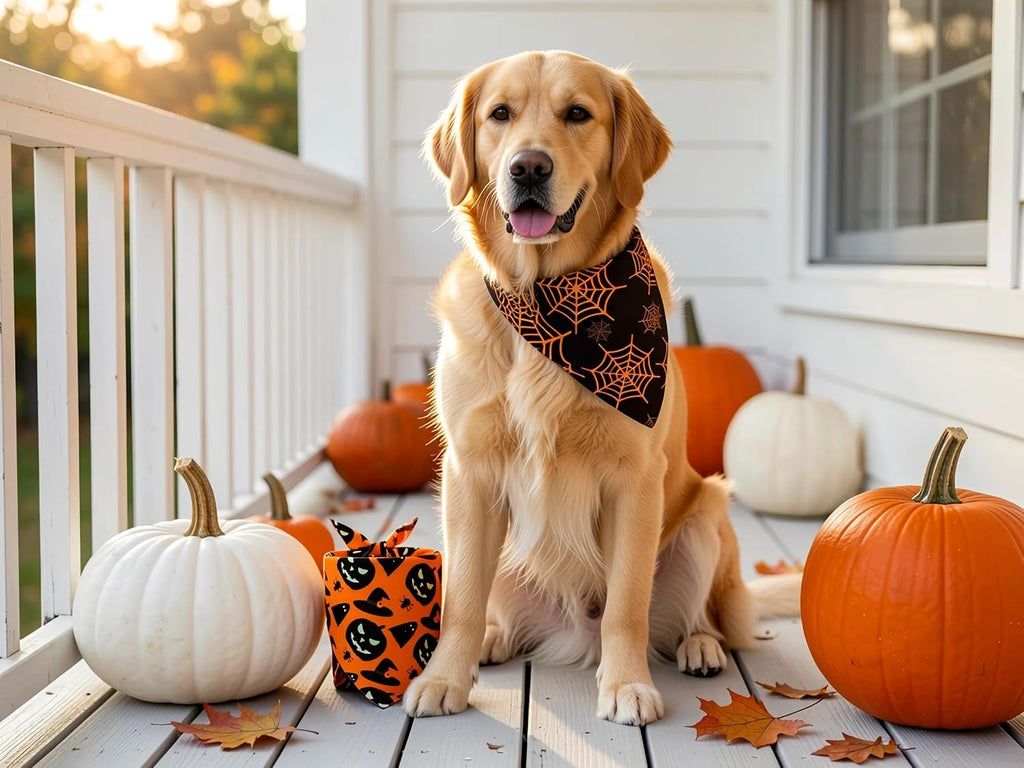Fall Dog Bandanas 2PCS Halloween Pumpkin Spider Web Xlarge Dogs