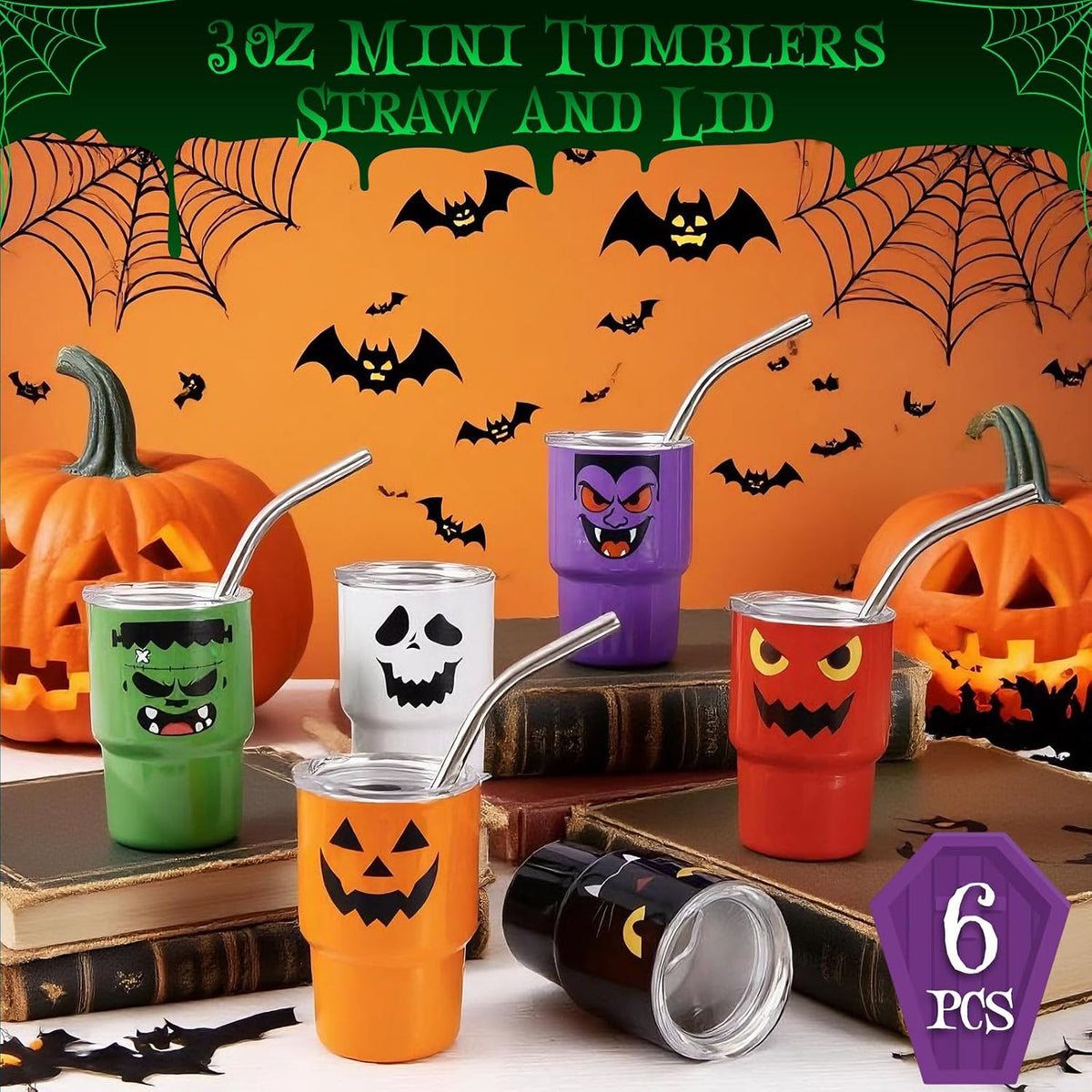 6 Pack 3 Oz Halloween Shot Glasses Mini Tumblers with Straw and Lid