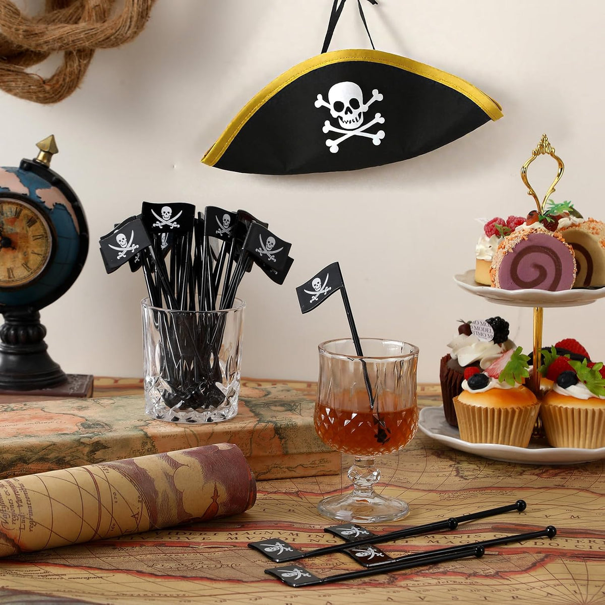 30 Pcs Halloween Pirate Drink Stirrer 6 Inch Reusable Pirate Flags Cocktail Stirrer for Bar Halloween Party Mixing Drinks Coffee Beverage Birthday Decorations