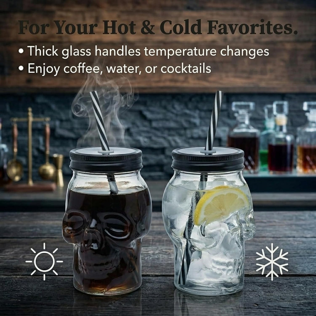 Skull Mason Jar Mug Tumbler Glass Cups with Cover and Straw, Halloween Decor, Drinking Glasses - 16Oz - Set of 2