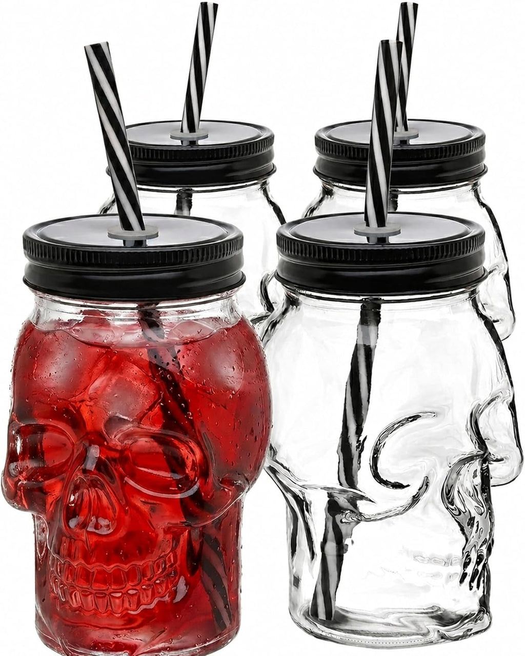Skull Mason Jar Mug Glass Tumbler Cup with Cover and Straw - 16Oz, Set of 4